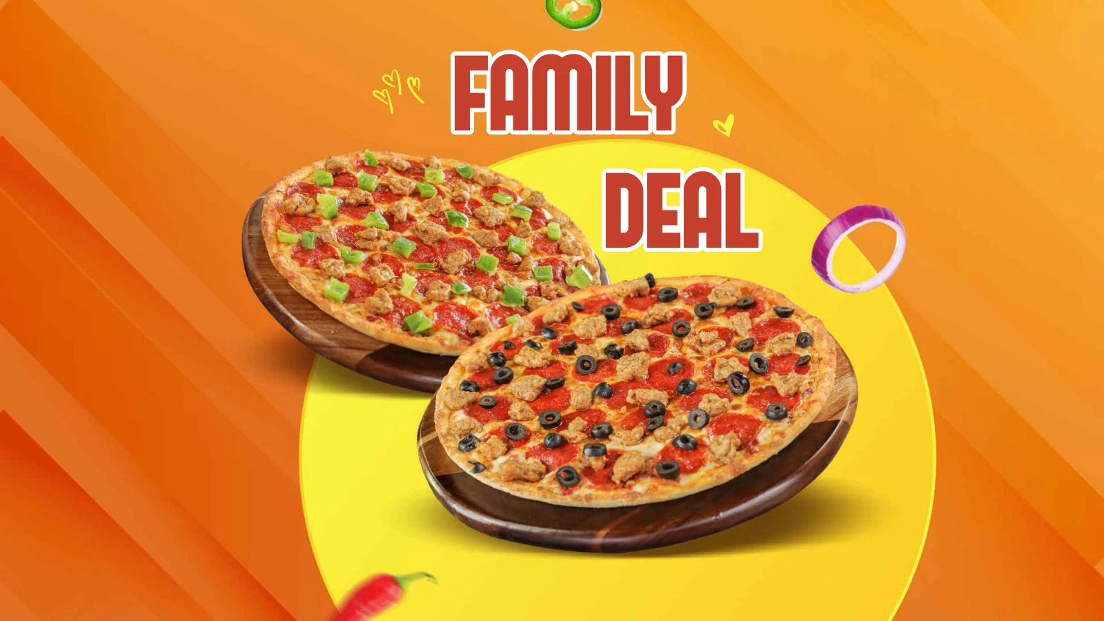 Two delicious pizzas labeled as 'Family Deal,' topped with pepperoni, green peppers, black olives, and sausage on wooden serving boards, set against a vibrant orange and yellow background with playful food.