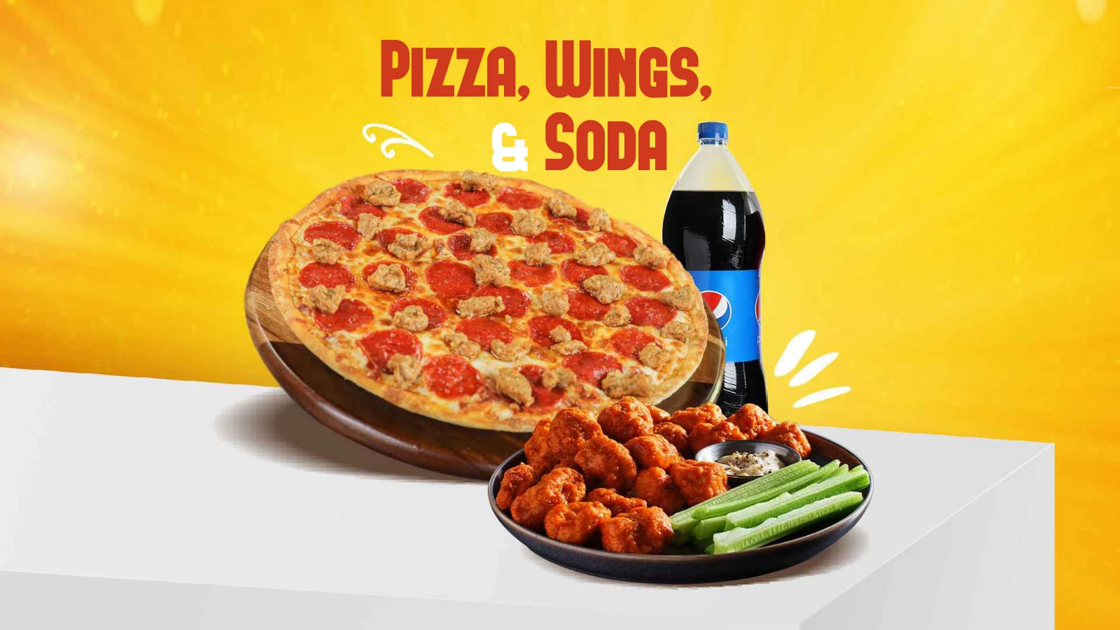 Delicious pepperoni pizza, crispy buffalo wings served with celery and dip, and a refreshing bottle of Pepsi against a bright yellow background.