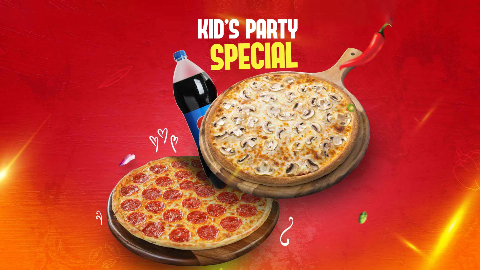 Kid's party special featuring a mushroom pizza, a pepperoni pizza, and a bottle of Pepsi on a vibrant red background with playful decorations.