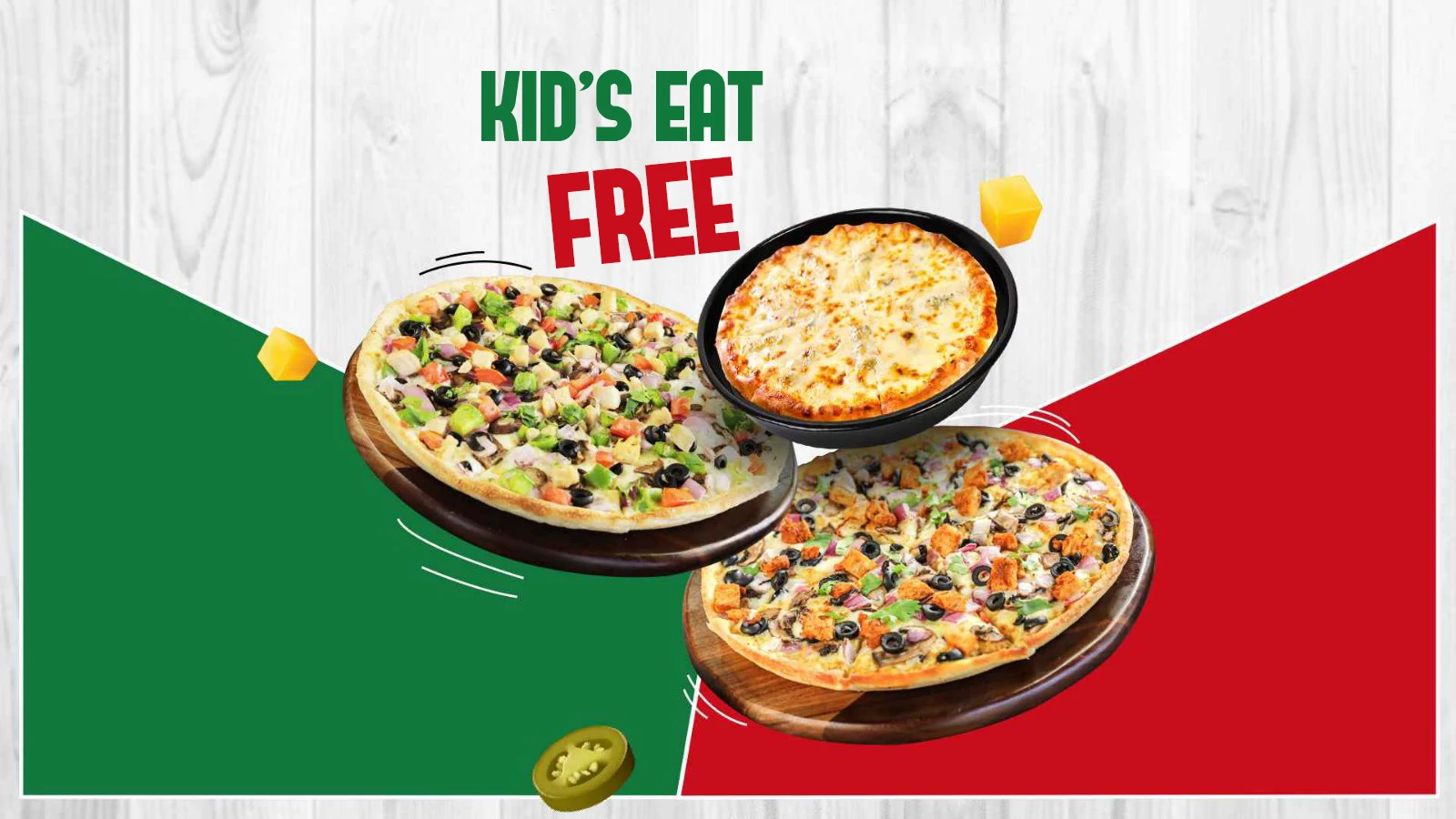 Kid's eat free offer featuring a variety of pizzas, including veggie and cheesy options, displayed on a green, white, and red background.