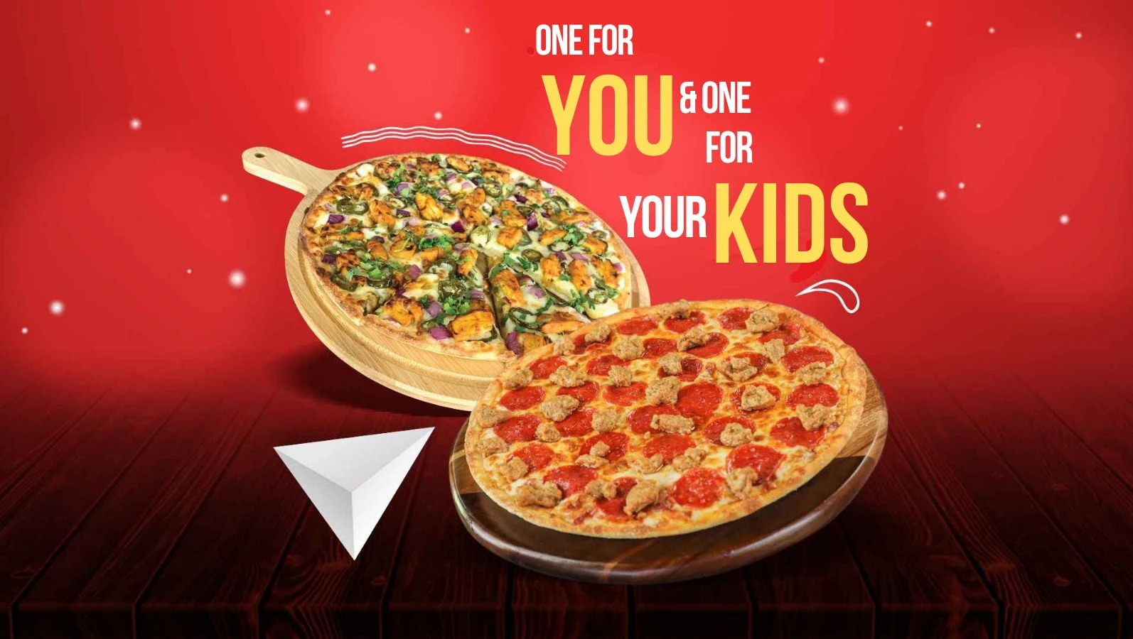 Two delicious pizzas, one topped with paneer and veggies, the other with pepperoni and sausage, set against a festive red background.