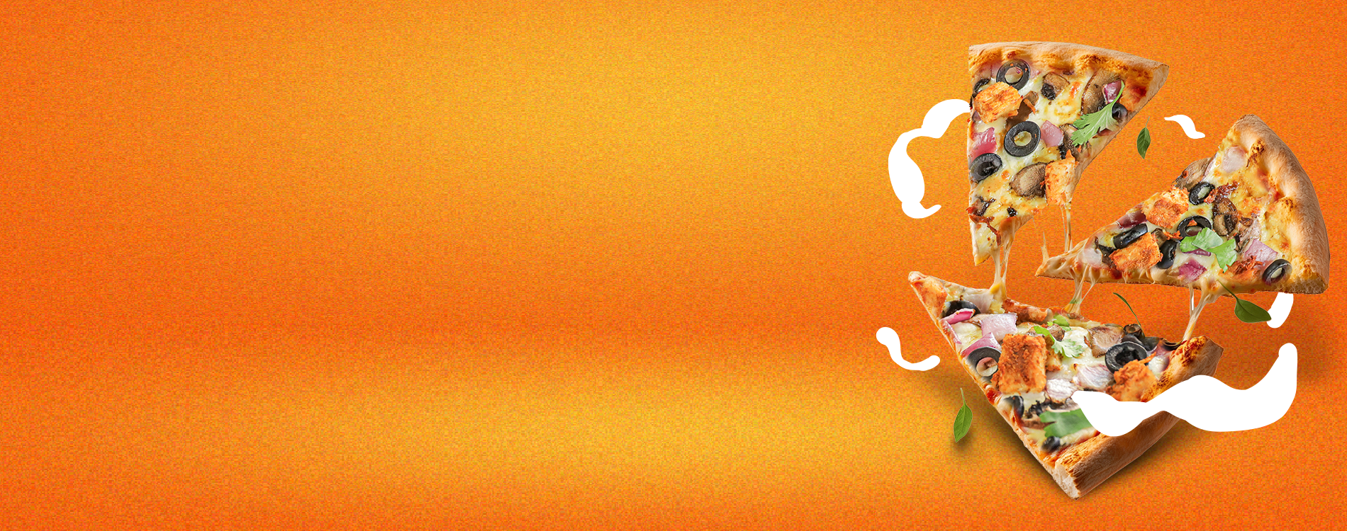 Slices of pizza with toppings like olives, cheese, and vegetables against a vibrant orange background, showcasing Pizza Twist's delicious menu offerings. 