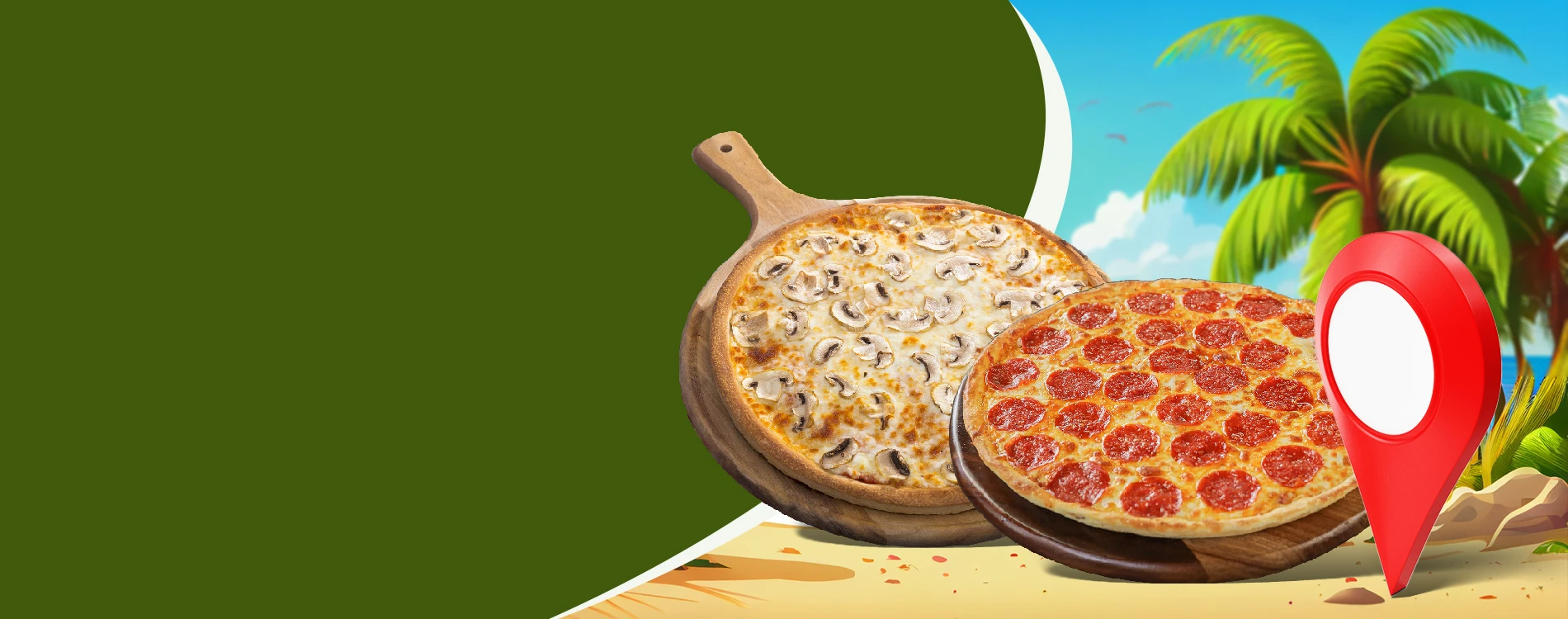 Pizza Twist banner featuring two delicious pizzas, one with mushrooms and one with pepperoni, set against a tropical background with palm trees and a red location pin.