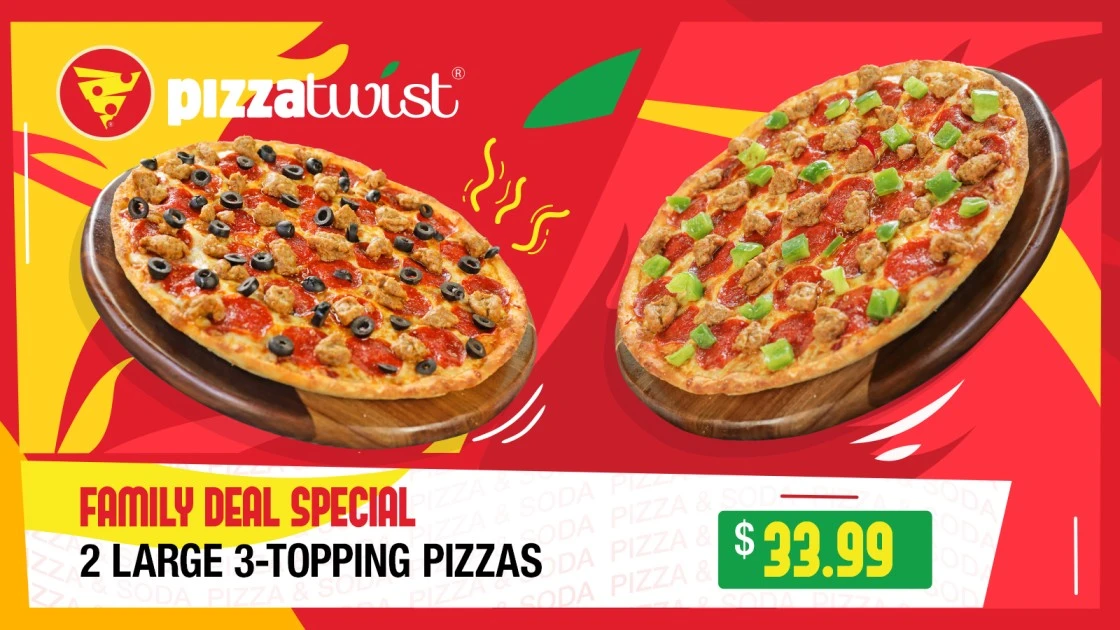 Buy any 2 Large 3-Topping Pizzas