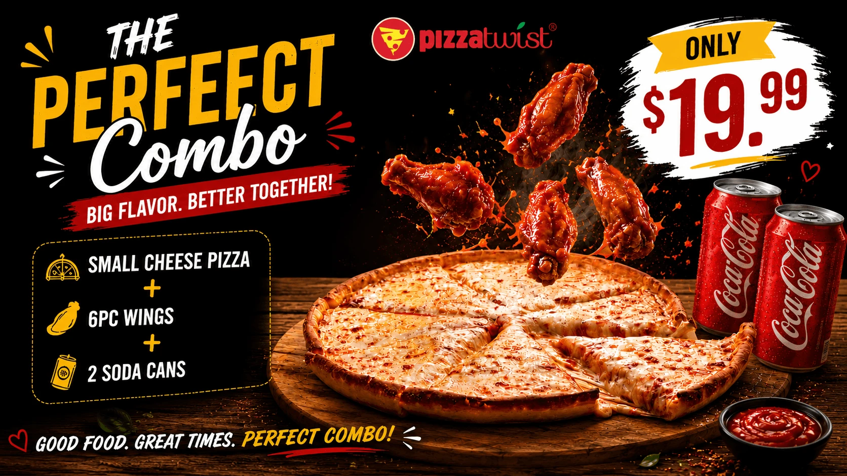 Back to School Pizza Deal – Small Pizza + 6 Wings + 2 Sodas for $19.99